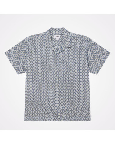 Chemise blanche et bleue à manches courtes à motifs Obey, shop New Surf à Dinan, Bretagne