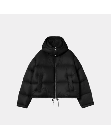 Doudoune Carhartt WIP Women's Haydon Jacket noire avec capuche amovible et rembourrage isolant.