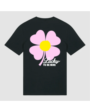 T-shirt Onze Mètres Carrés Lucky to Be Here noir unisexe, avec fleur rose sérigraphiée au dos.