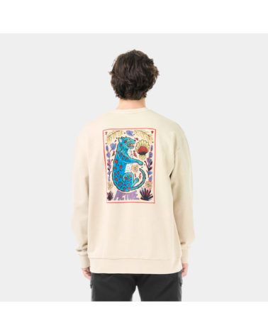 Pull Picture Karo Crew beige en coton biologique, avec motif imprimé sur la poitrine et grand visuel dans le dos.