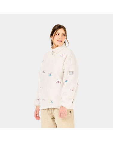 Polaire zippée femme Picture Nyss Embro écru Tofu avec motifs brodés colorés et col montant.